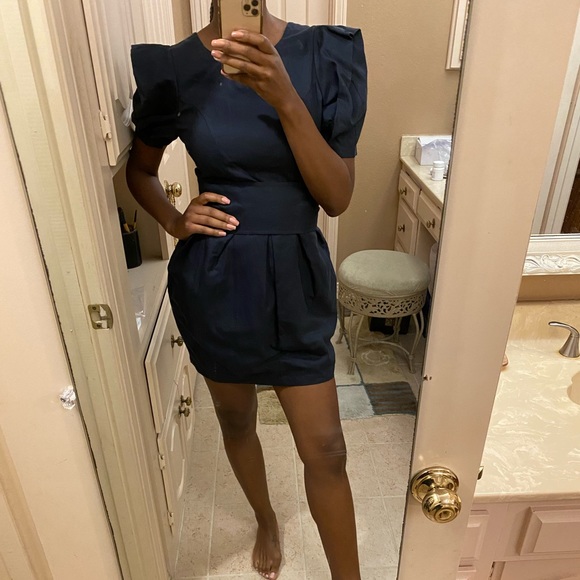 Navy Blue Puffer Mini Dress - Picture 2 of 4